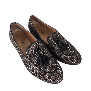 J. Crew Jaquard Stacked Heel Tassel Loafer Size 6 Black Multicolor Geometric